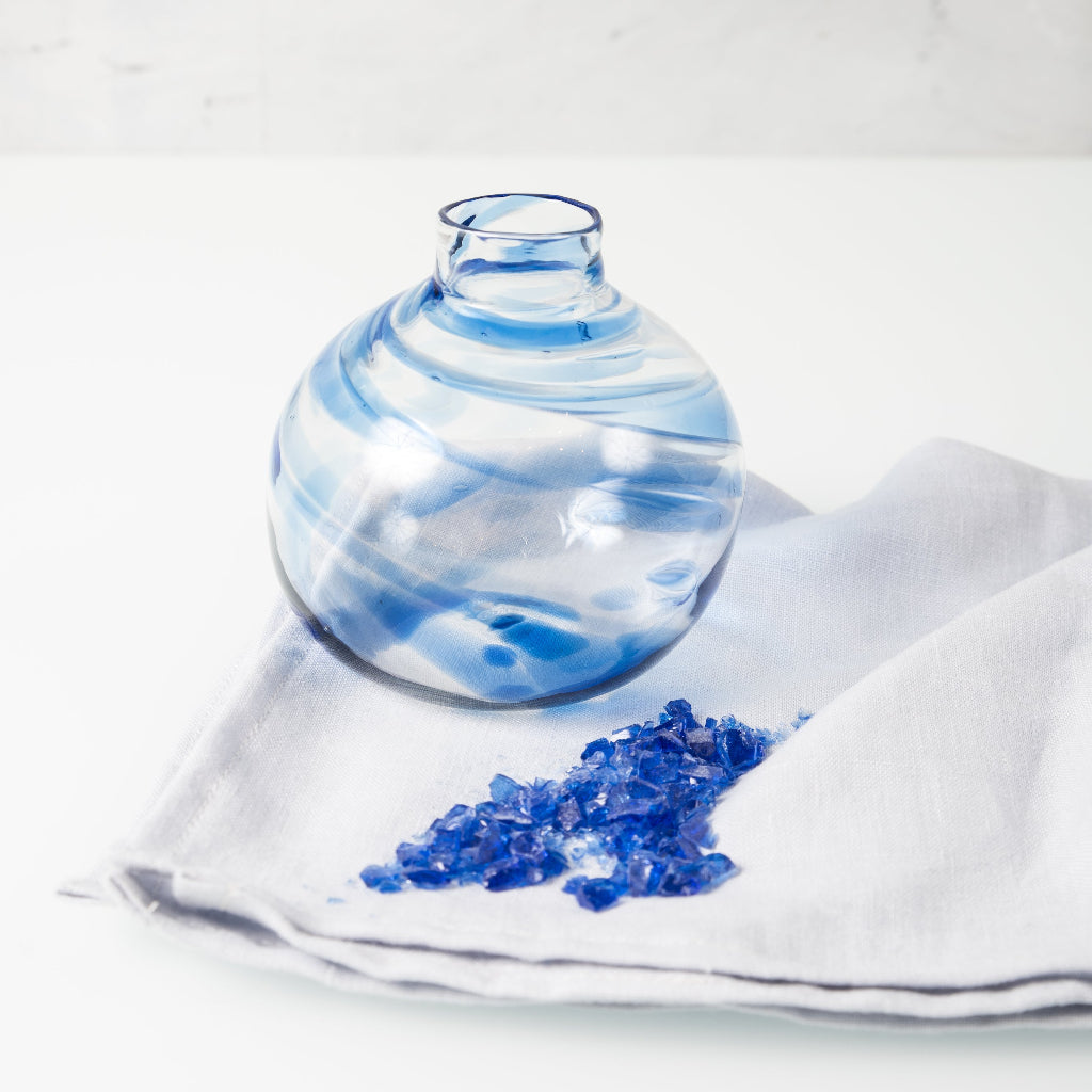 clear and blue bud vase made from jewish wedding breaking glass