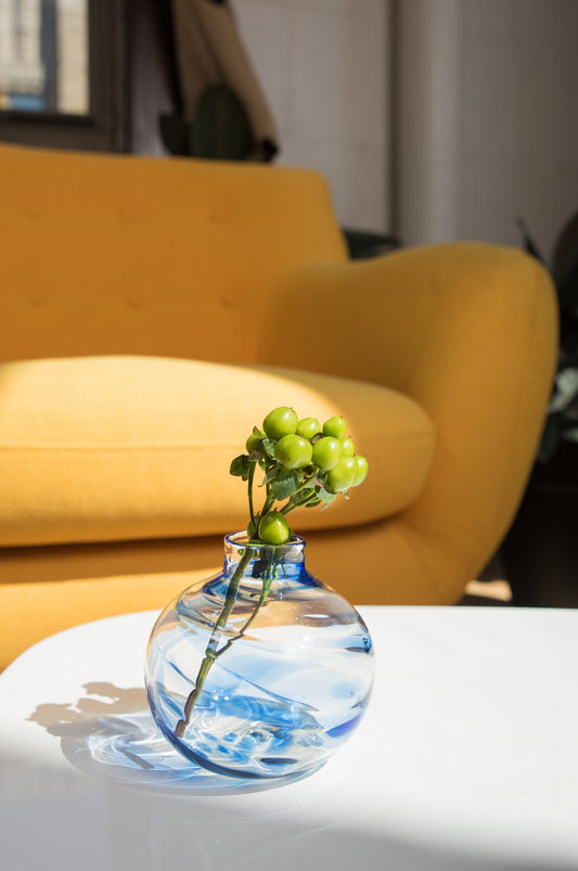 clear and blue bud vase made from jewish wedding breaking glass