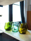 emerald, aqua, and amber wine glasses made from recycled glass
