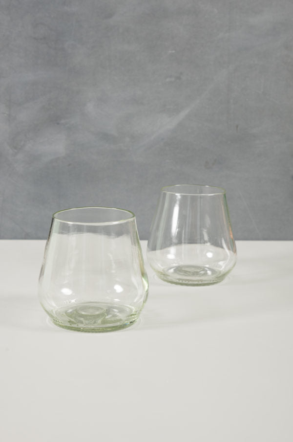 clear wine or water glasses made from recycled glass