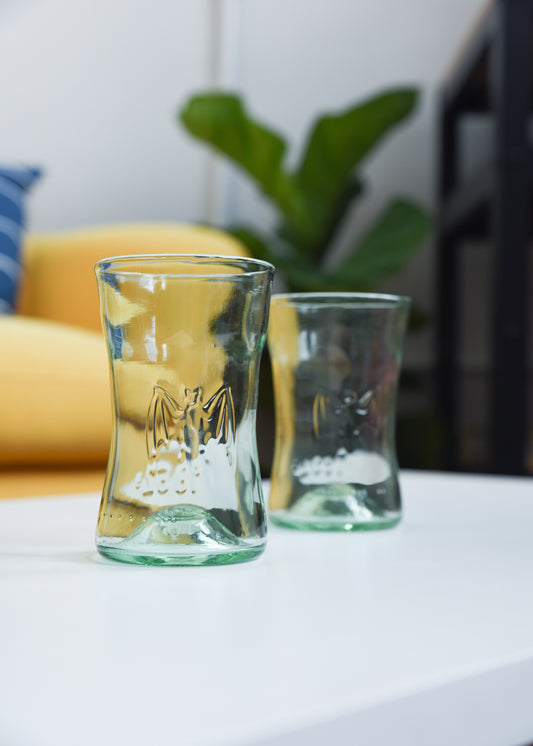 recycled glass bat glasses, empty