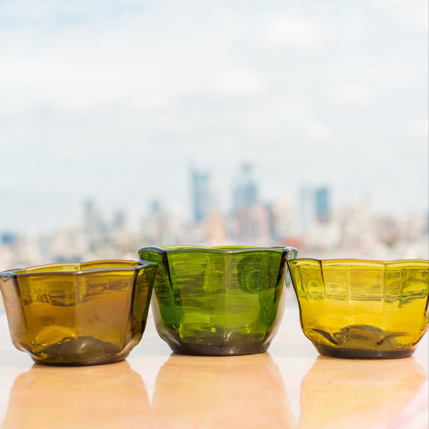 snack bowl sets in green amber and gold